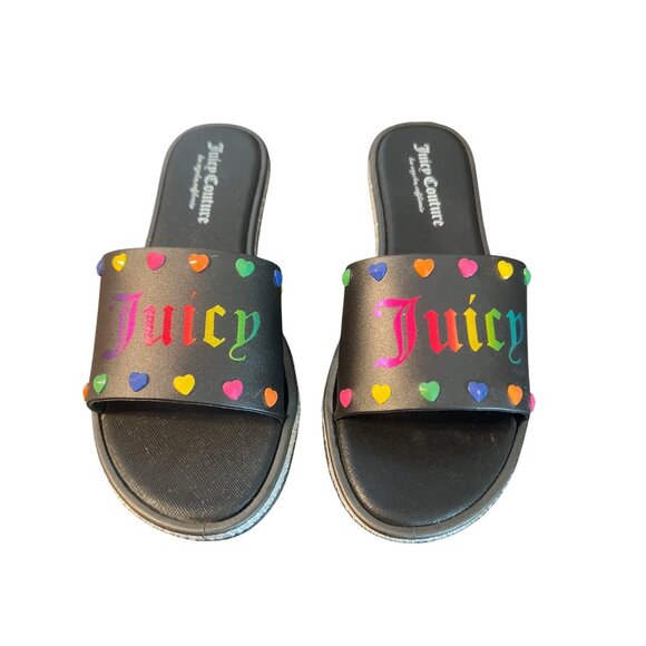Juicy Couture Black Slides Rainbow Heart Logo Silver Glitter Pride Size 7.5 - Picture 1 of 8